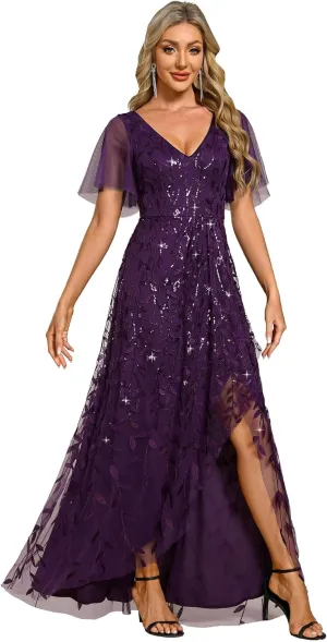 Ever-Pretty Women's Shimmery Formal Dress V Neck Sequins A-Line Side Slit Elegant Long Evening Dresses 02083