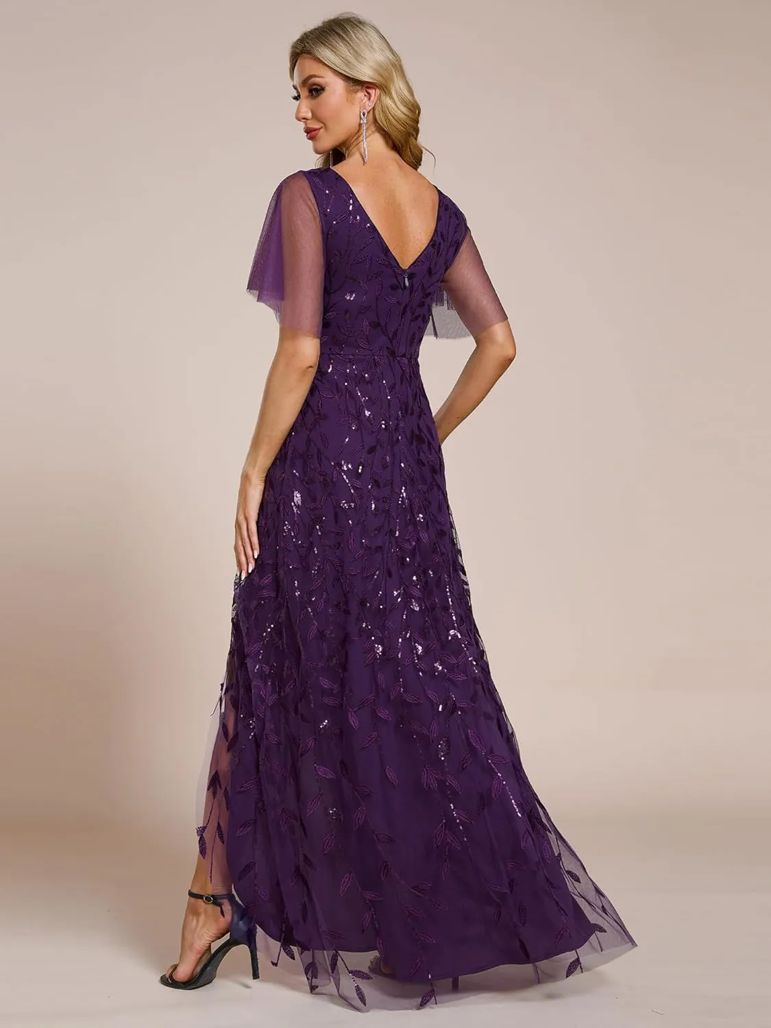 Ever-Pretty Women's Shimmery Formal Dress V Neck Sequins A-Line Side Slit Elegant Long Evening Dresses 02083