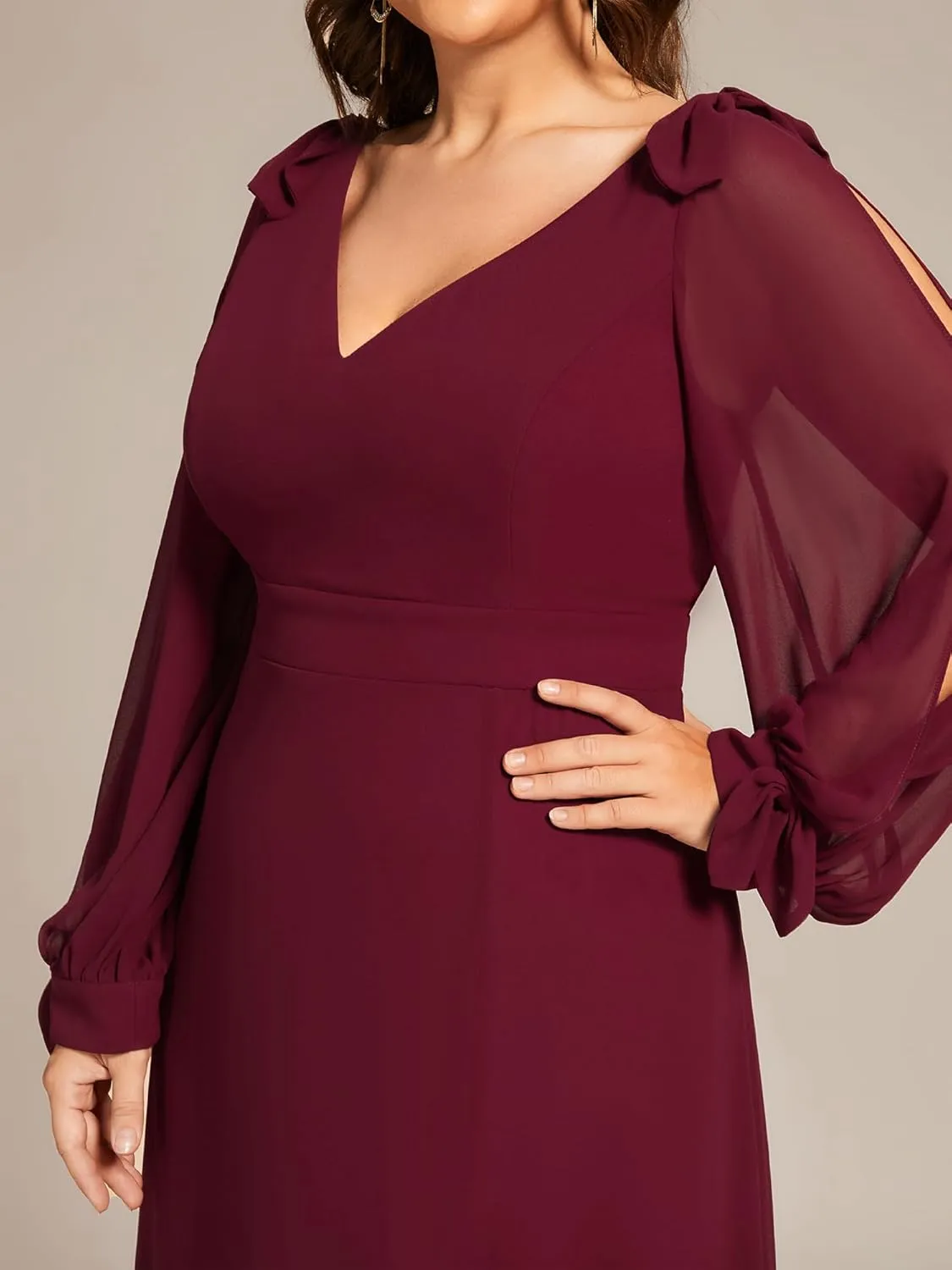 Ever-Pretty Women's V-Neck Elegant Chiffon Long Sleeve Plus Size Side Slit Formal Dress 80116-DA