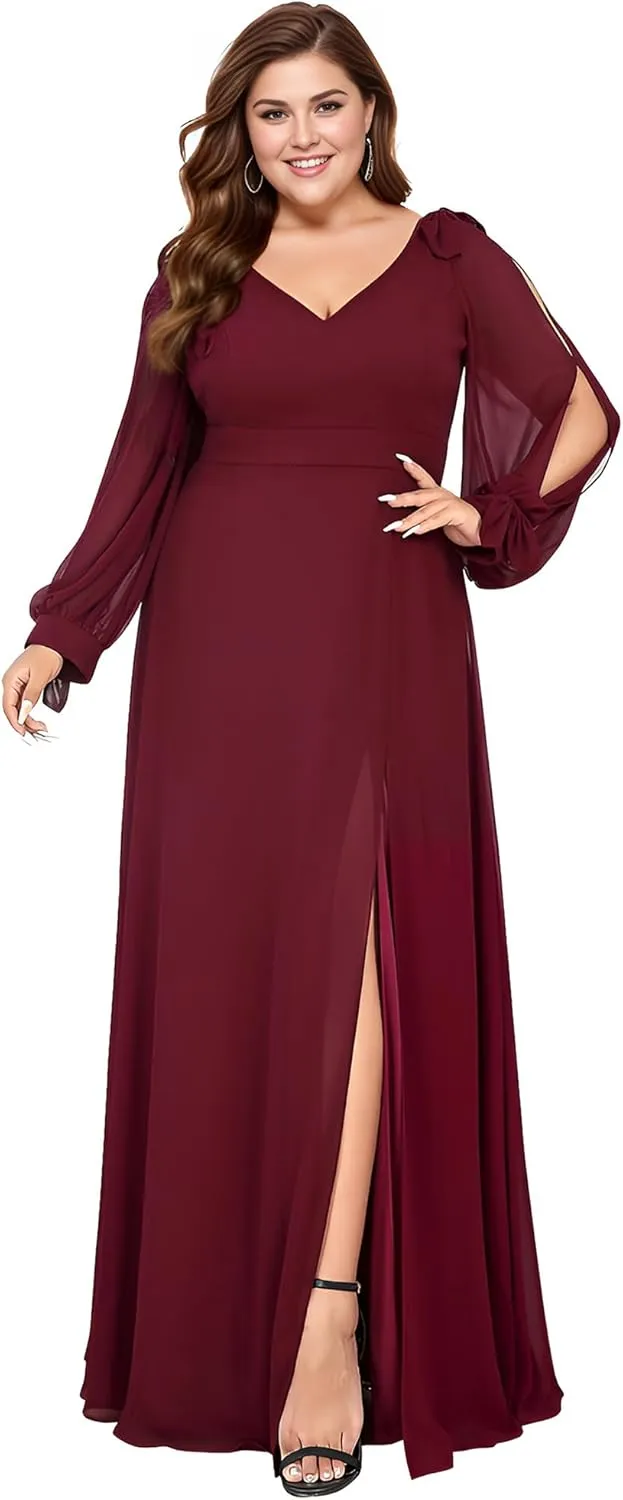 Ever-Pretty Women's V-Neck Elegant Chiffon Long Sleeve Plus Size Side Slit Formal Dress 80116-DA