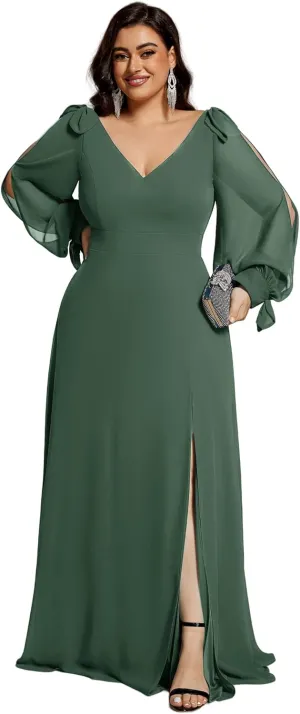 Ever-Pretty Women's V-Neck Elegant Chiffon Long Sleeve Plus Size Side Slit Formal Dress 80116-DA