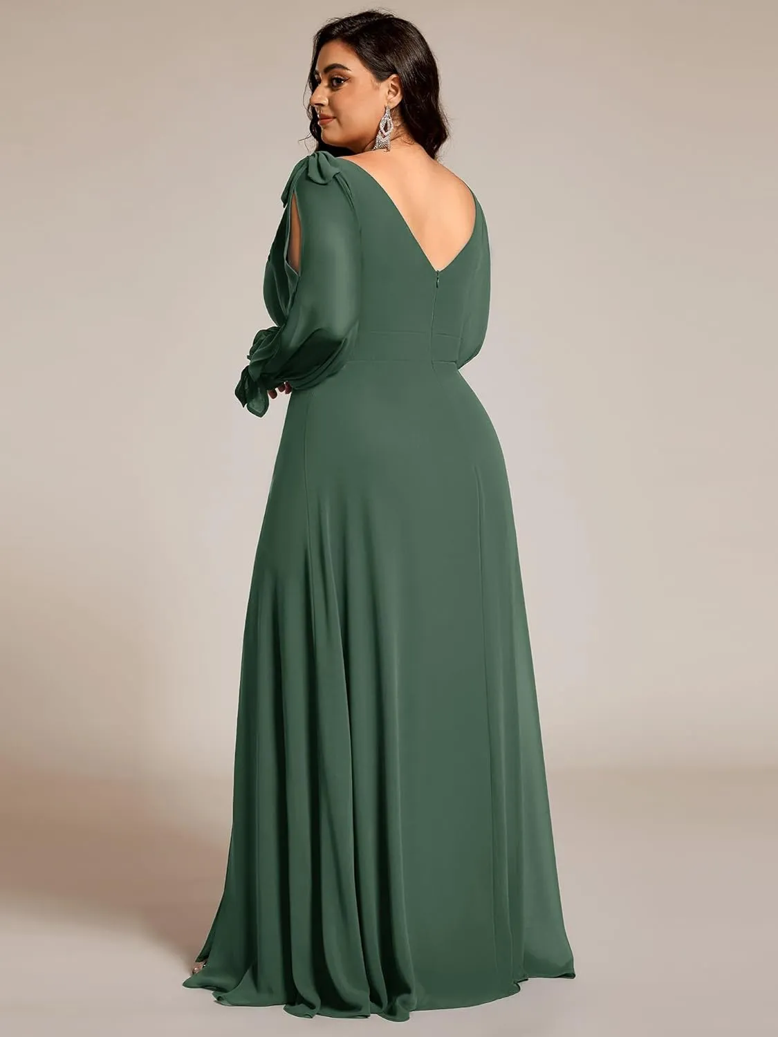 Ever-Pretty Women's V-Neck Elegant Chiffon Long Sleeve Plus Size Side Slit Formal Dress 80116-DA