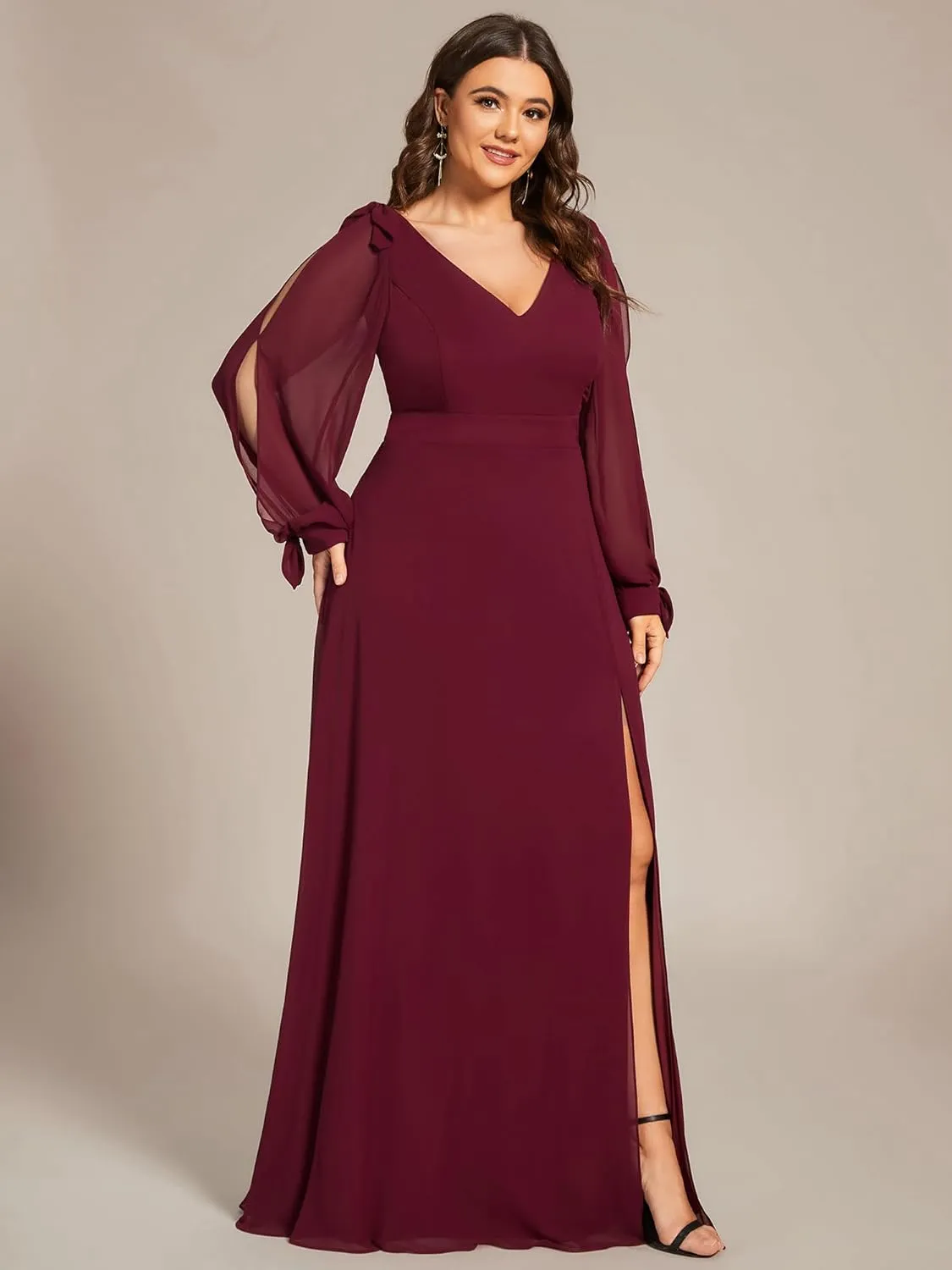 Ever-Pretty Women's V-Neck Elegant Chiffon Long Sleeve Plus Size Side Slit Formal Dress 80116-DA