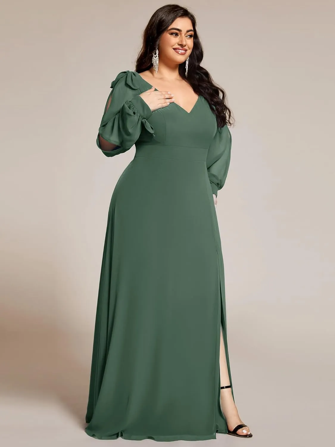 Ever-Pretty Women's V-Neck Elegant Chiffon Long Sleeve Plus Size Side Slit Formal Dress 80116-DA