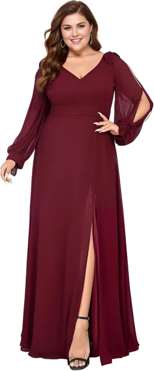Ever-Pretty Women's V-Neck Elegant Chiffon Long Sleeve Plus Size Side Slit Formal Dress 80116-DA