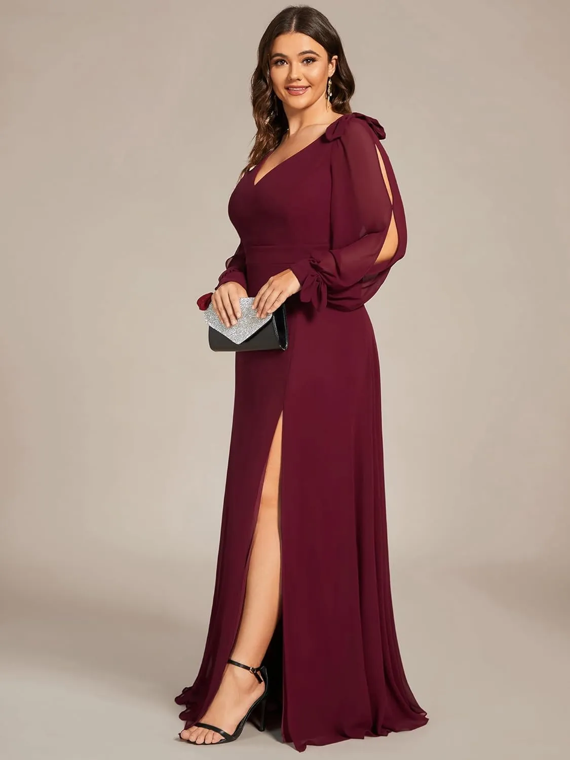 Ever-Pretty Women's V-Neck Elegant Chiffon Long Sleeve Plus Size Side Slit Formal Dress 80116-DA