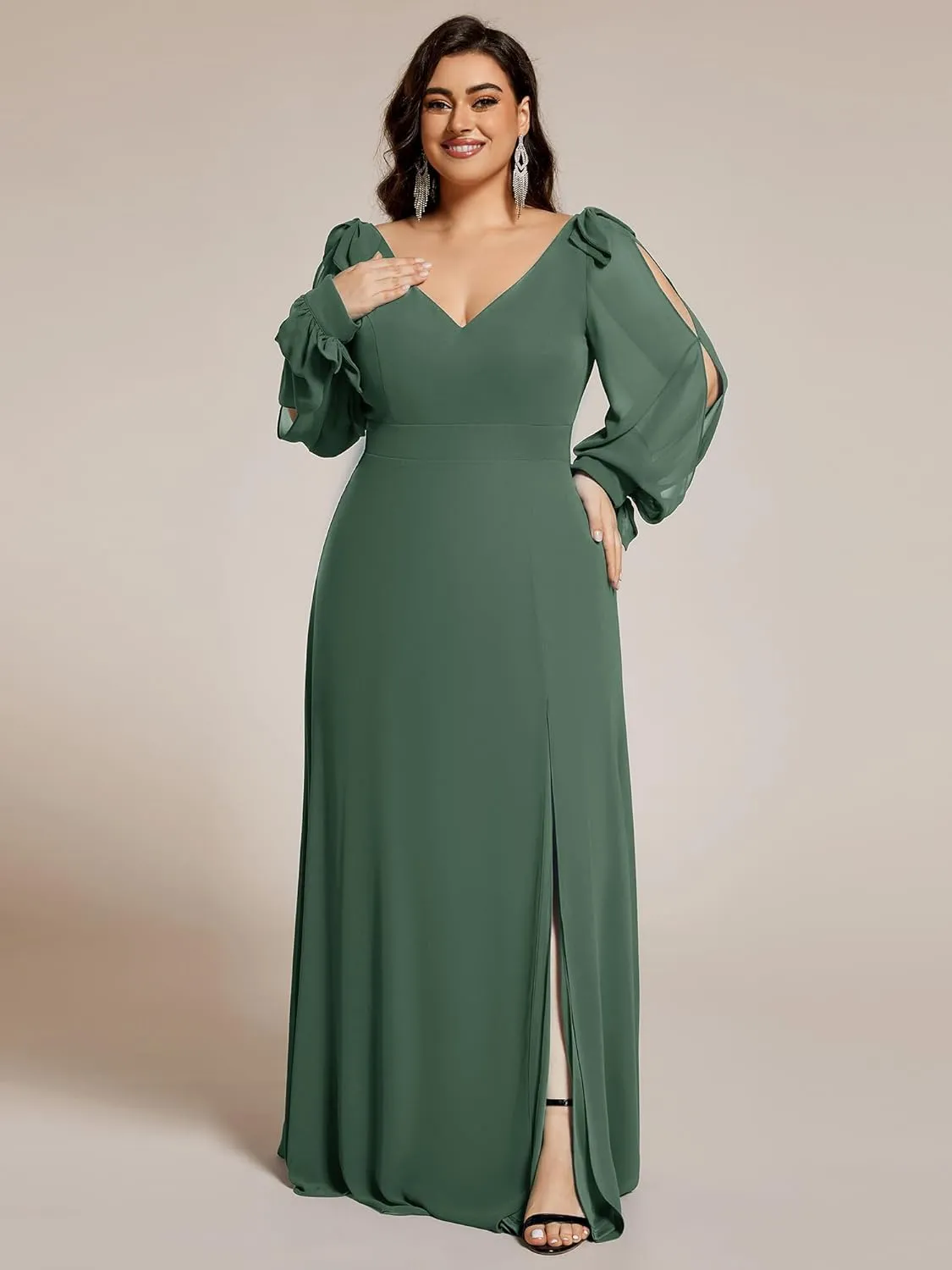 Ever-Pretty Women's V-Neck Elegant Chiffon Long Sleeve Plus Size Side Slit Formal Dress 80116-DA