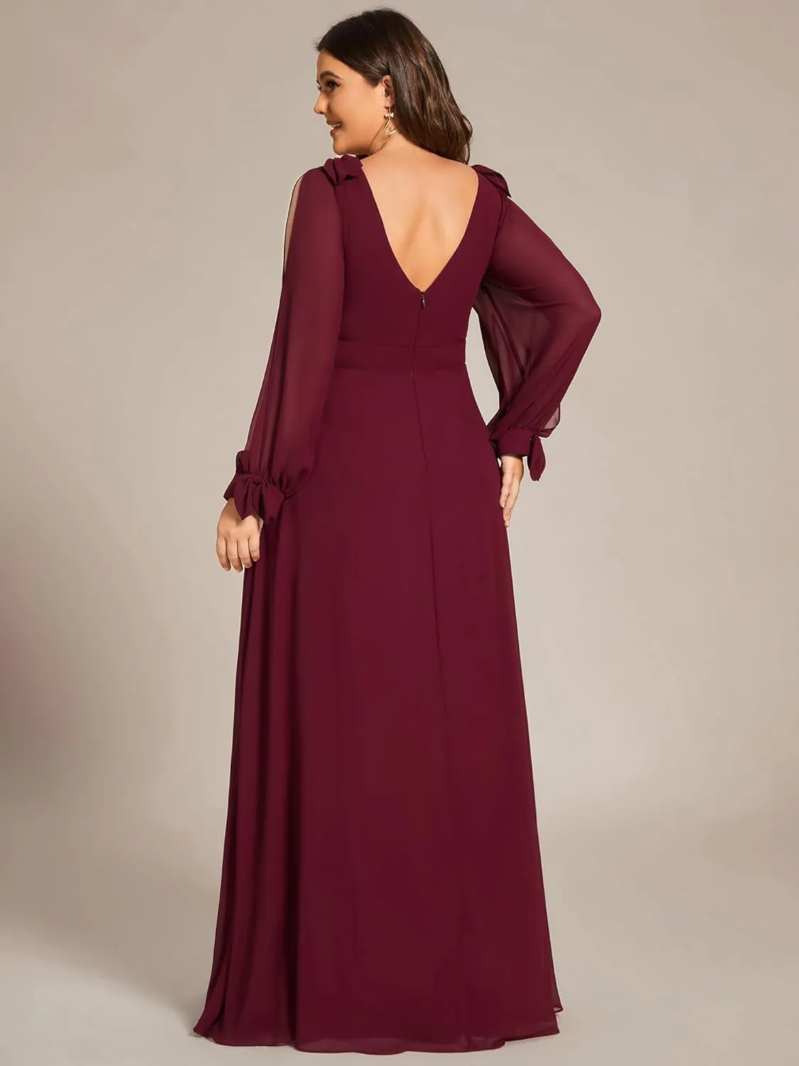 Ever-Pretty Women's V-Neck Elegant Chiffon Long Sleeve Plus Size Side Slit Formal Dress 80116-DA