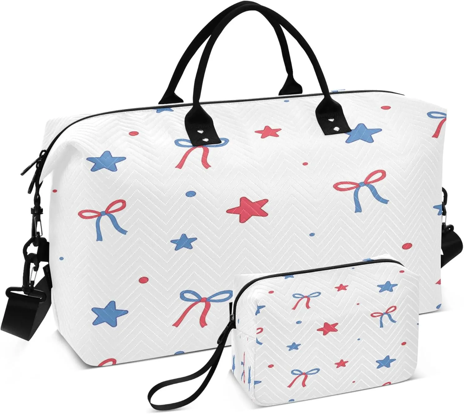 Exnundod Travel Duffel Bags Red and Blue Ribbon Sports Gym Bag 4th Of July Weekender Carry On Tote Overnight Luggage Bags for Women and Men