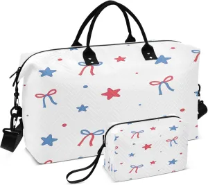 Exnundod Travel Duffel Bags Red and Blue Ribbon Sports Gym Bag 4th Of July Weekender Carry On Tote Overnight Luggage Bags for Women and Men