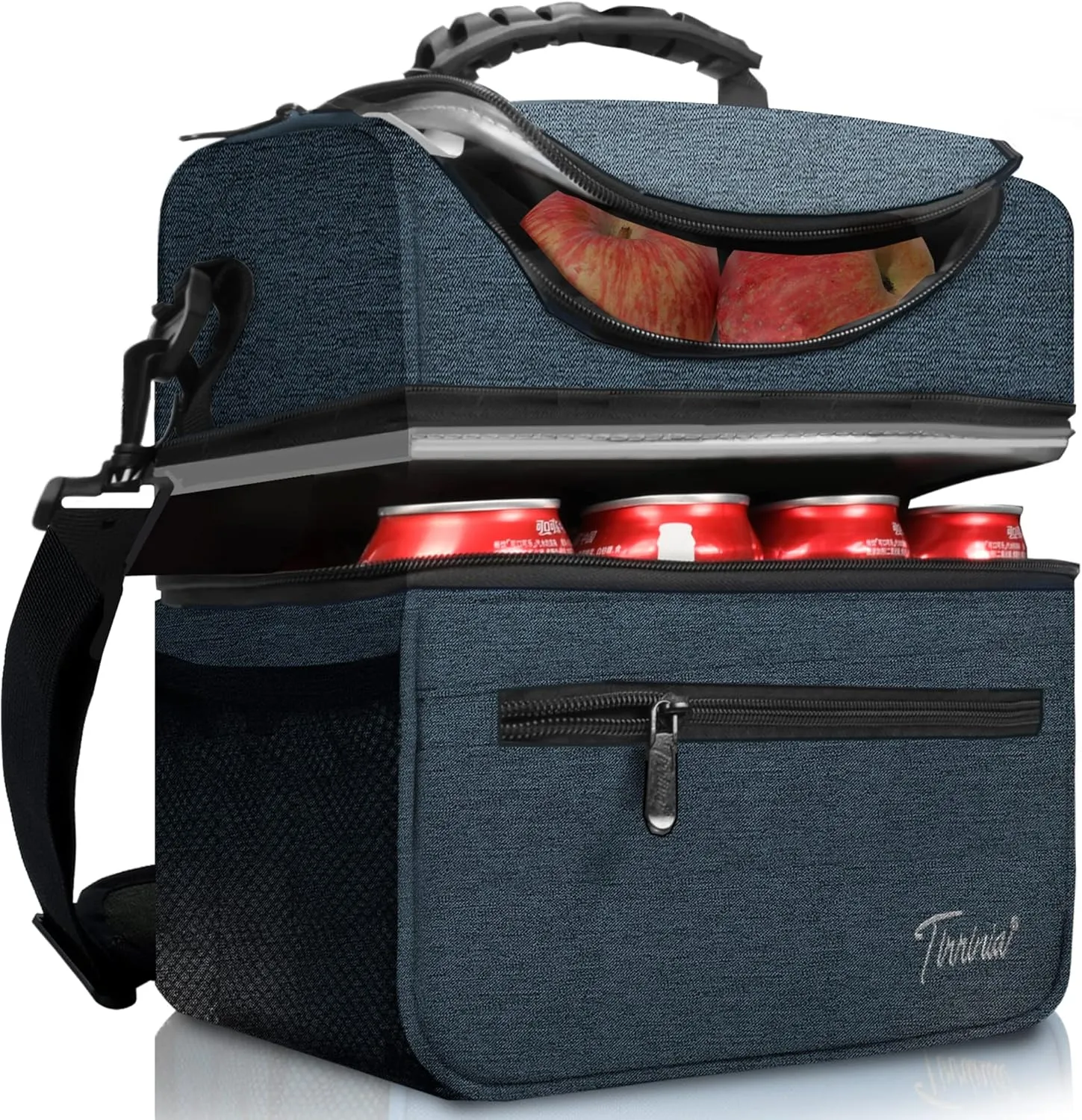Extra Large Lunch Bag - 13L/ 22 Can, Insulated & Leakproof Adult Reusable Meal Prep Bento Box Cooler Tote for Men & Women with Dual Compartment By Tirrinia, Dark Blue