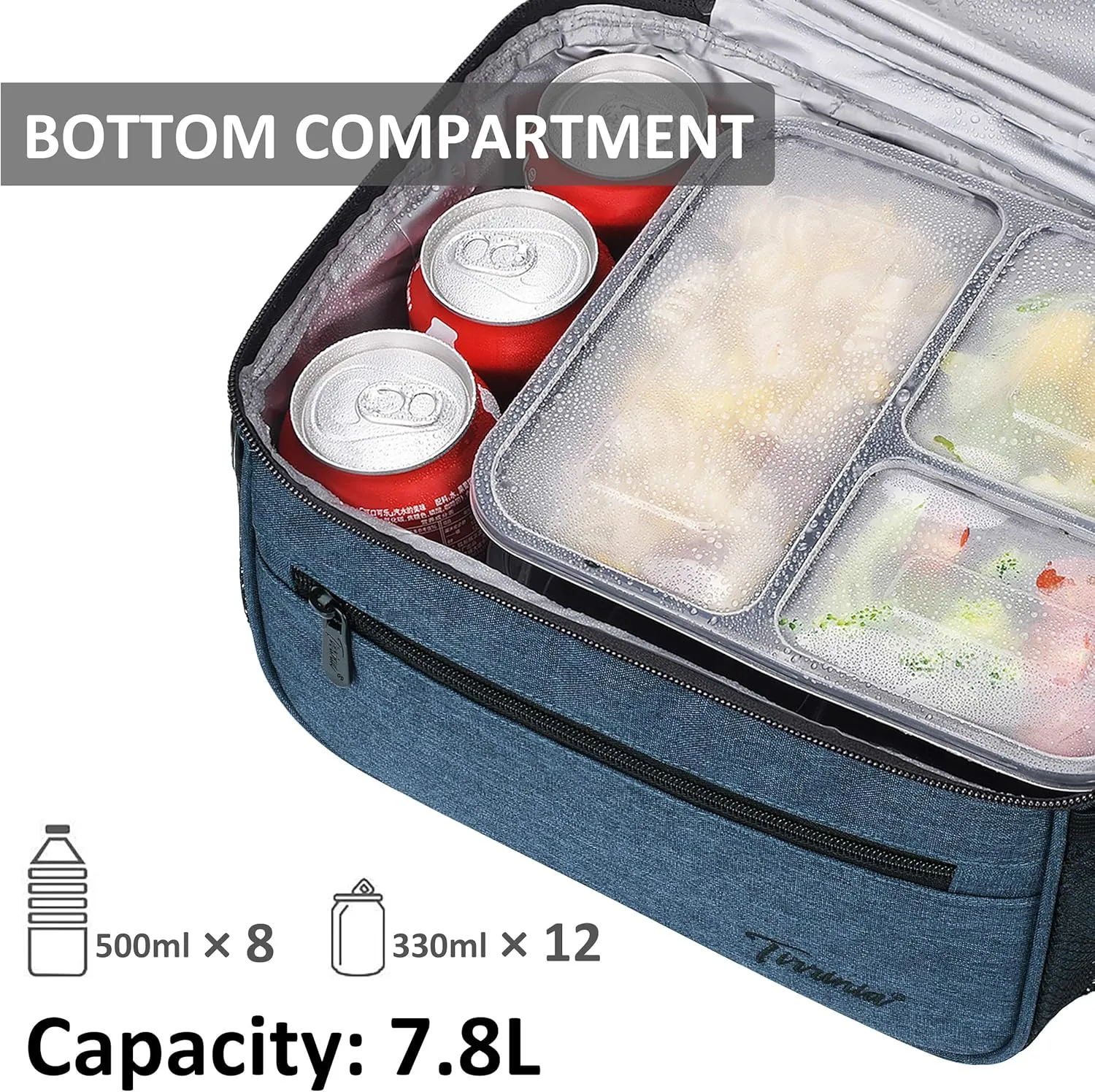 Extra Large Lunch Bag - 13L/ 22 Can, Insulated & Leakproof Adult Reusable Meal Prep Bento Box Cooler Tote for Men & Women with Dual Compartment By Tirrinia, Dark Blue