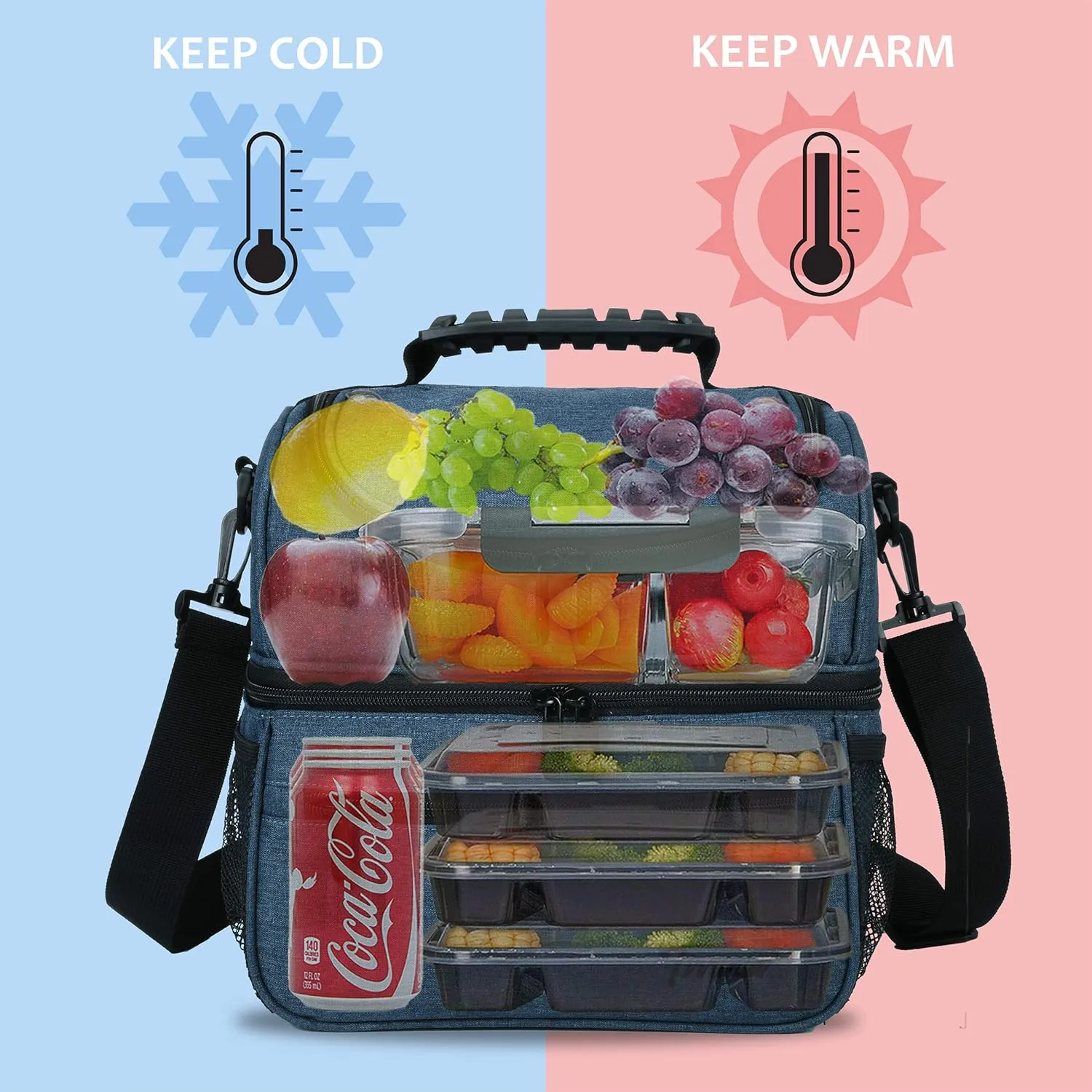Extra Large Lunch Bag - 13L/ 22 Can, Insulated & Leakproof Adult Reusable Meal Prep Bento Box Cooler Tote for Men & Women with Dual Compartment By Tirrinia, Dark Blue