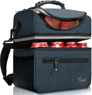 Extra Large Lunch Bag - 13L/ 22 Can, Insulated & Leakproof Adult Reusable Meal Prep Bento Box Cooler Tote for Men & Women with Dual Compartment By Tirrinia, Dark Blue