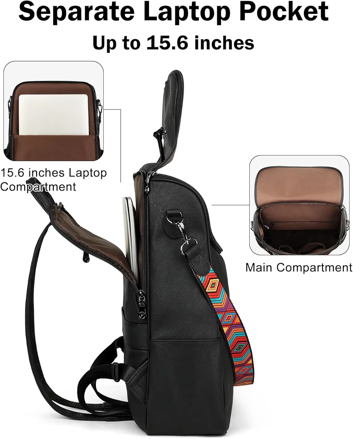 FADEON Laptop Backpack for Women Leather Travel Backpack with Laptop Compartment, Designer PU Shoulder Laptop Bag Black