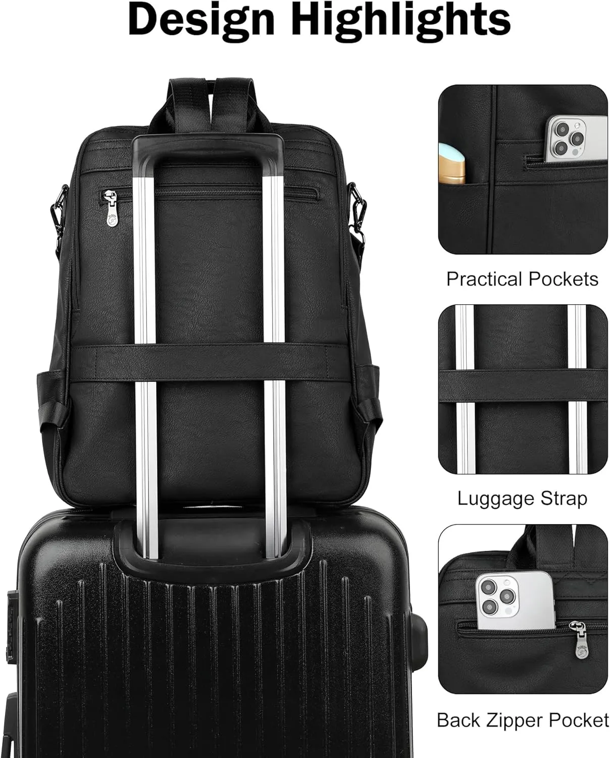 FADEON Laptop Backpack for Women Leather Travel Backpack with Laptop Compartment, Designer PU Shoulder Laptop Bag Black