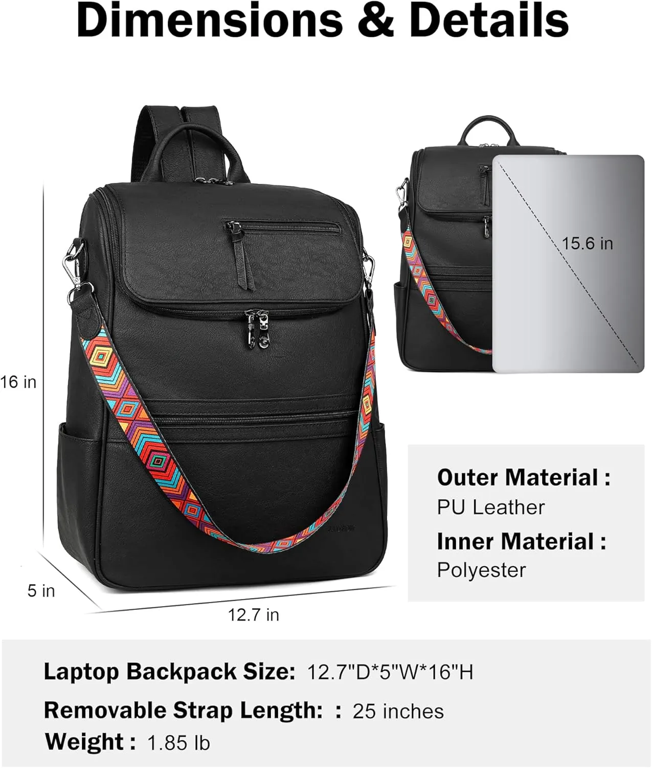 FADEON Laptop Backpack for Women Leather Travel Backpack with Laptop Compartment, Designer PU Shoulder Laptop Bag Black