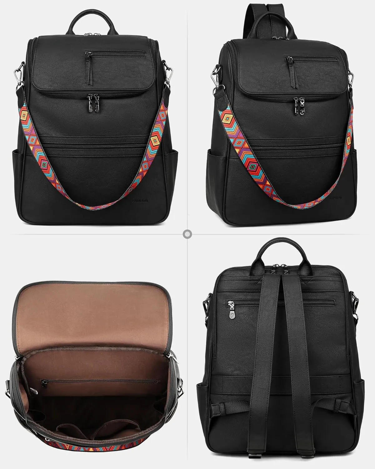 FADEON Laptop Backpack for Women Leather Travel Backpack with Laptop Compartment, Designer PU Shoulder Laptop Bag Black
