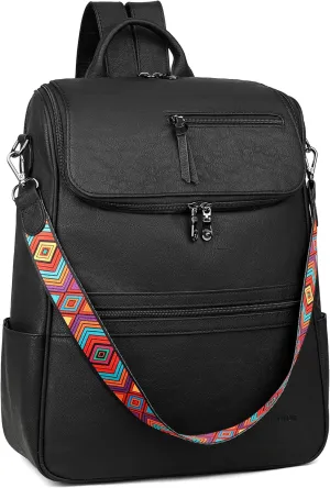 FADEON Laptop Backpack for Women Leather Travel Backpack with Laptop Compartment, Designer PU Shoulder Laptop Bag Black