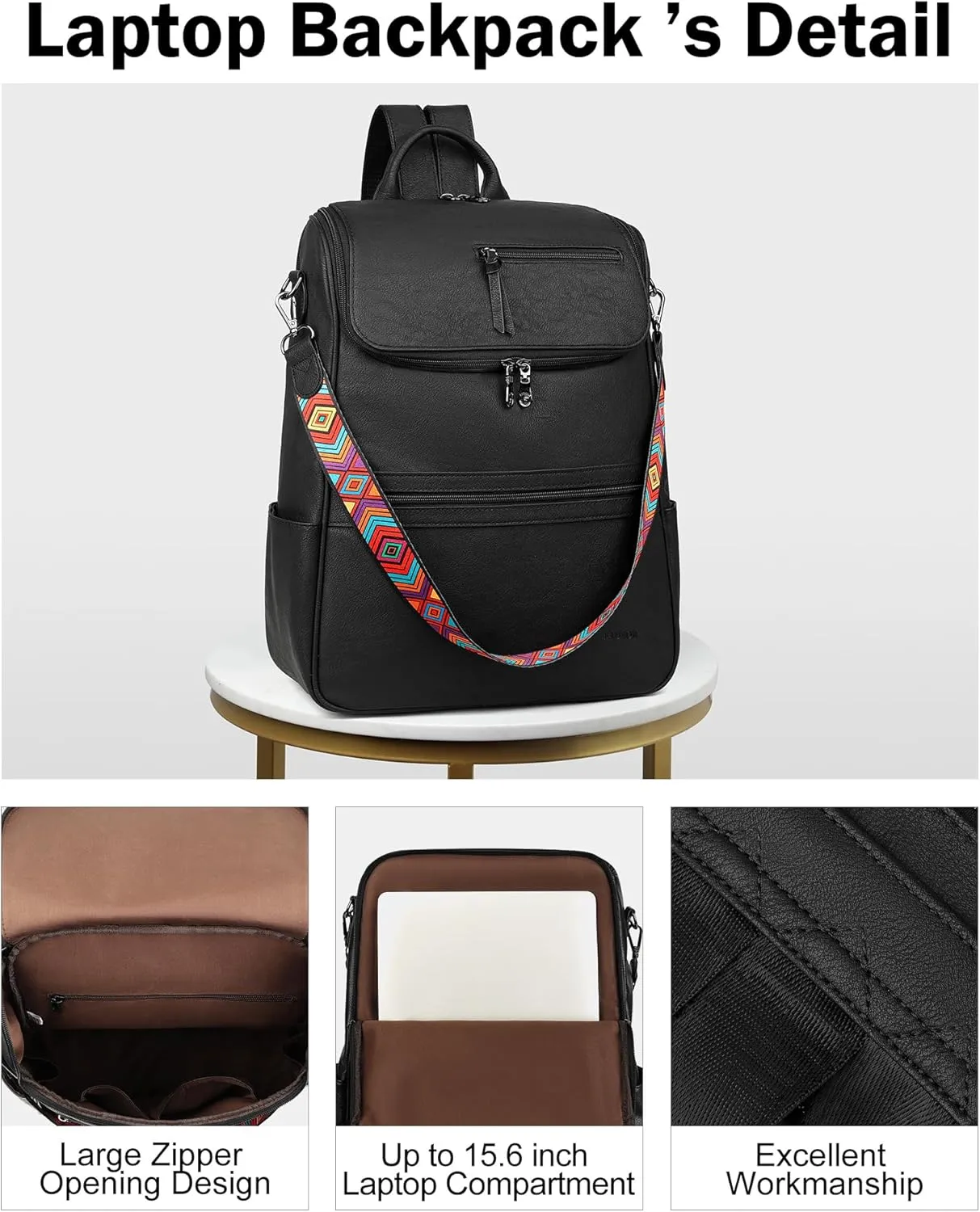 FADEON Laptop Backpack for Women Leather Travel Backpack with Laptop Compartment, Designer PU Shoulder Laptop Bag Black