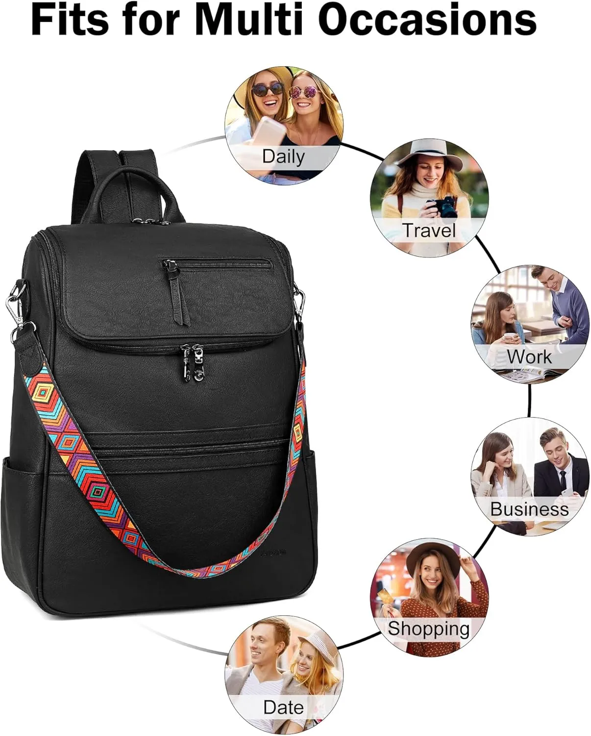 FADEON Laptop Backpack for Women Leather Travel Backpack with Laptop Compartment, Designer PU Shoulder Laptop Bag Black