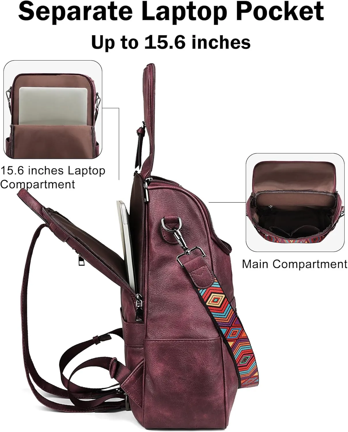 FADEON Laptop Backpack for Women Leather Travel Backpack with Laptop Compartment, Designer PU Shoulder Laptop Bag Red