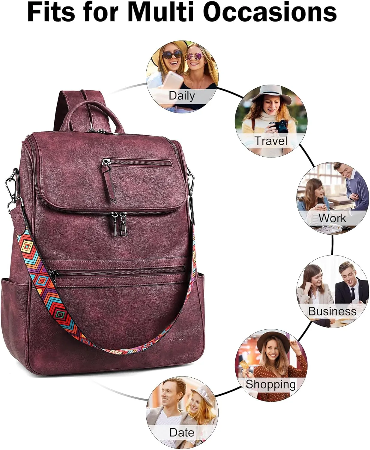 FADEON Laptop Backpack for Women Leather Travel Backpack with Laptop Compartment, Designer PU Shoulder Laptop Bag Red
