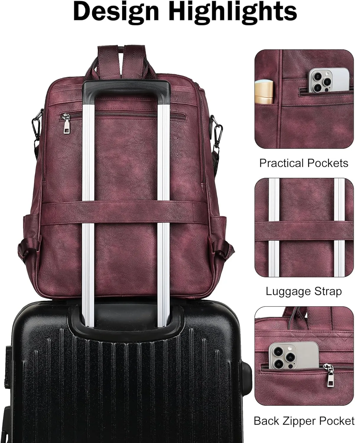 FADEON Laptop Backpack for Women Leather Travel Backpack with Laptop Compartment, Designer PU Shoulder Laptop Bag Red