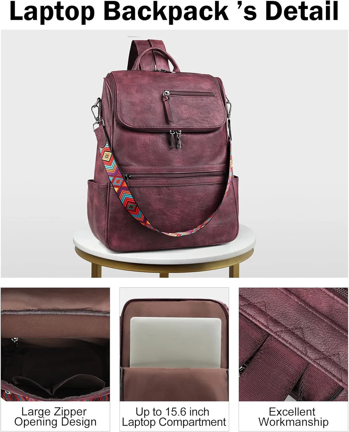 FADEON Laptop Backpack for Women Leather Travel Backpack with Laptop Compartment, Designer PU Shoulder Laptop Bag Red
