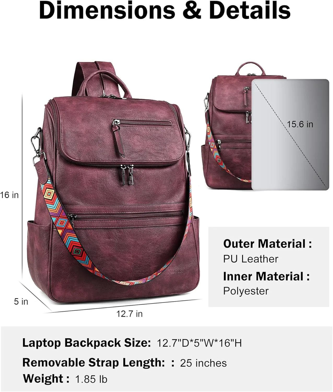 FADEON Laptop Backpack for Women Leather Travel Backpack with Laptop Compartment, Designer PU Shoulder Laptop Bag Red
