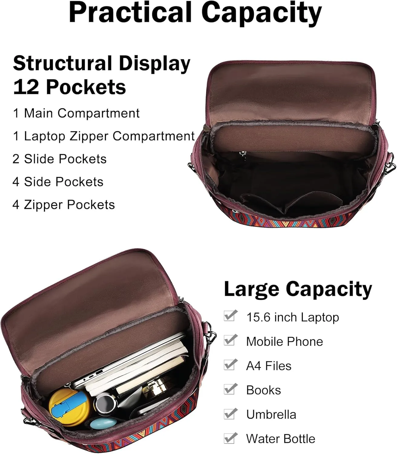 FADEON Laptop Backpack for Women Leather Travel Backpack with Laptop Compartment, Designer PU Shoulder Laptop Bag Red