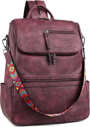 FADEON Laptop Backpack for Women Leather Travel Backpack with Laptop Compartment, Designer PU Shoulder Laptop Bag Red