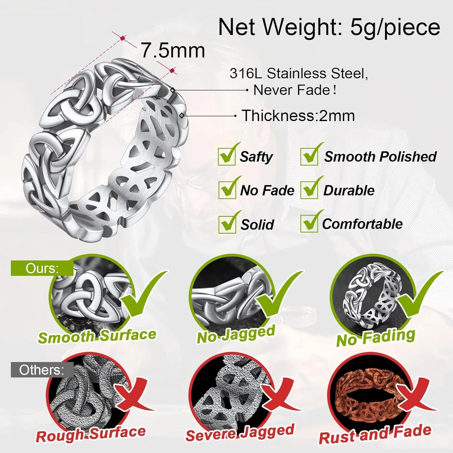 FaithHeart Celtic Knot Band Rings for Men Women, Stainless Steel/18K Gold Plated Viking Wedding Bands with Delicate Gift Packaging