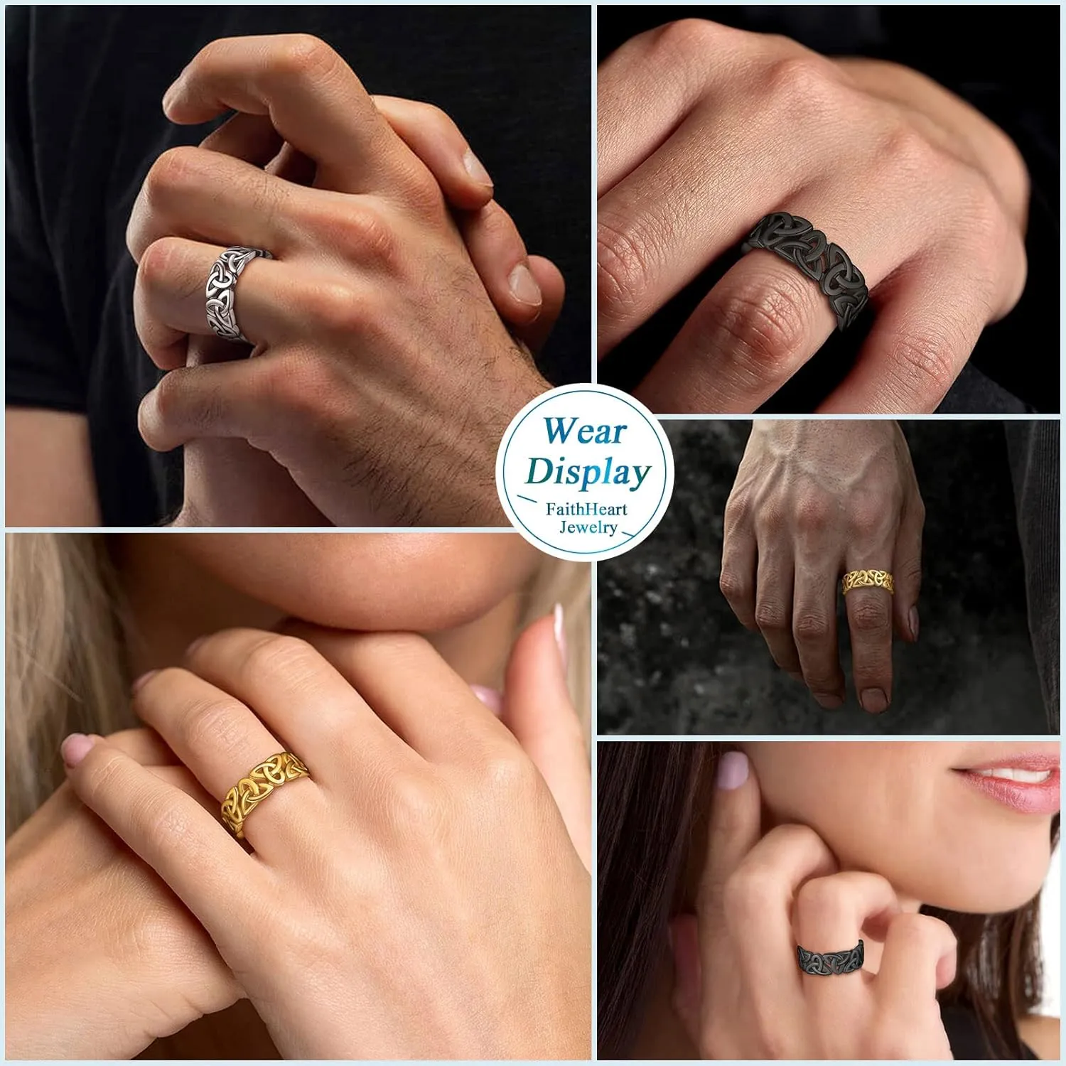 FaithHeart Celtic Knot Band Rings for Men Women, Stainless Steel/18K Gold Plated Viking Wedding Bands with Delicate Gift Packaging