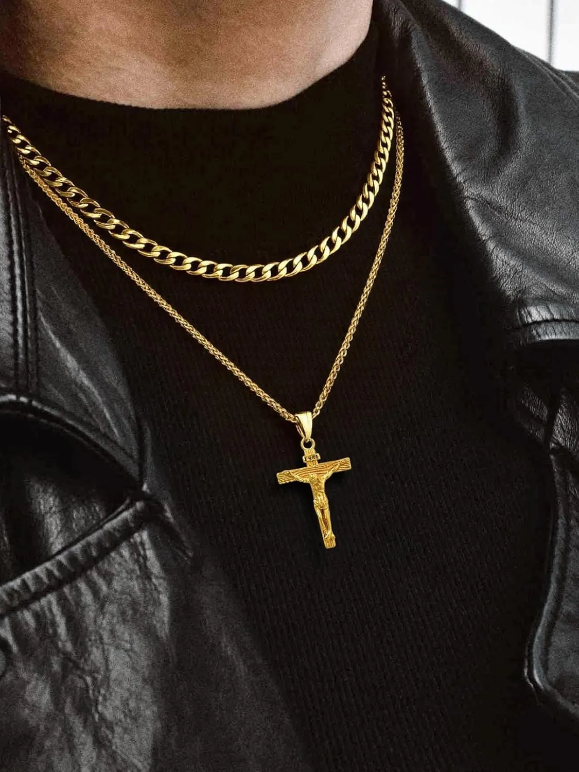 FaithHeart Cross Necklace for Men, Silver/Black/Gold Crucifix Necklace Stainless Steel Pendant with Cuban Chain Jesus Cross Necklaces Religious Gifts for Men