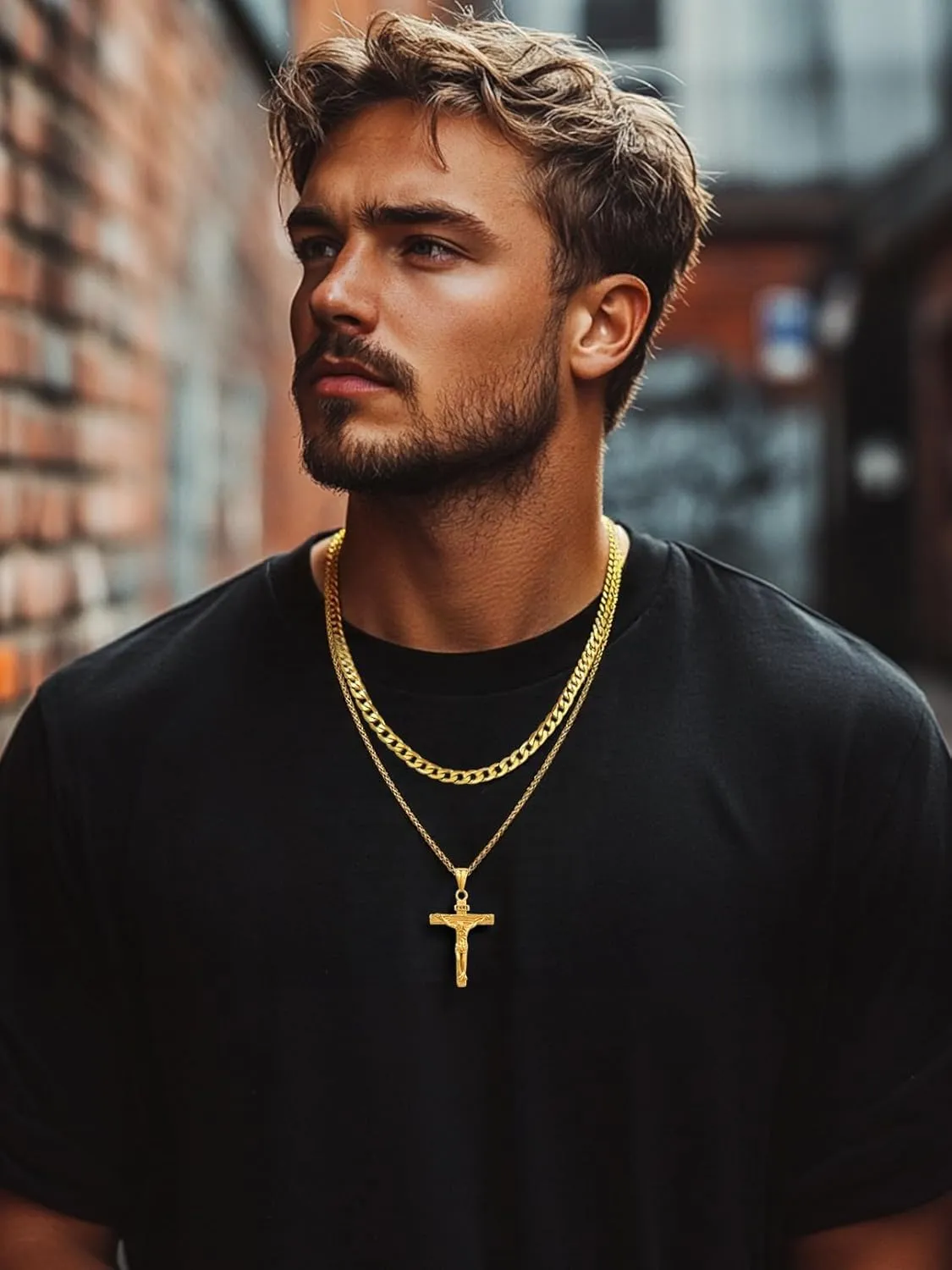 FaithHeart Cross Necklace for Men, Silver/Black/Gold Crucifix Necklace Stainless Steel Pendant with Cuban Chain Jesus Cross Necklaces Religious Gifts for Men