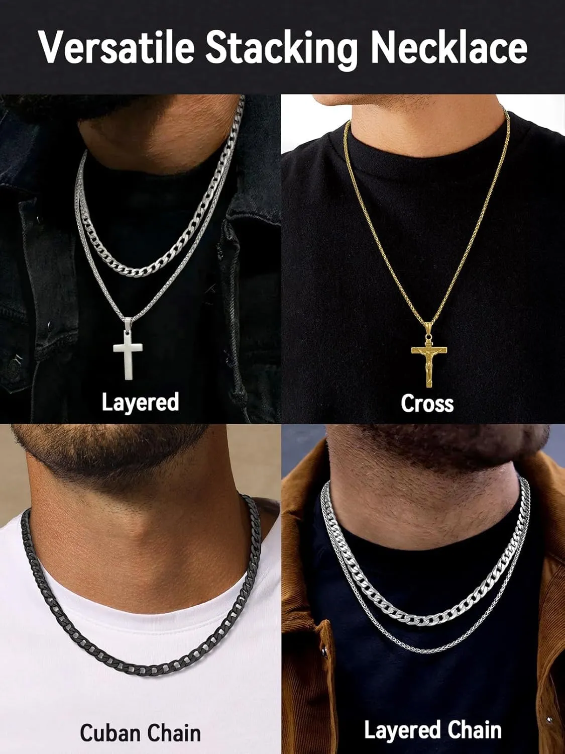 FaithHeart Cross Necklace for Men, Silver/Black/Gold Crucifix Necklace Stainless Steel Pendant with Cuban Chain Jesus Cross Necklaces Religious Gifts for Men