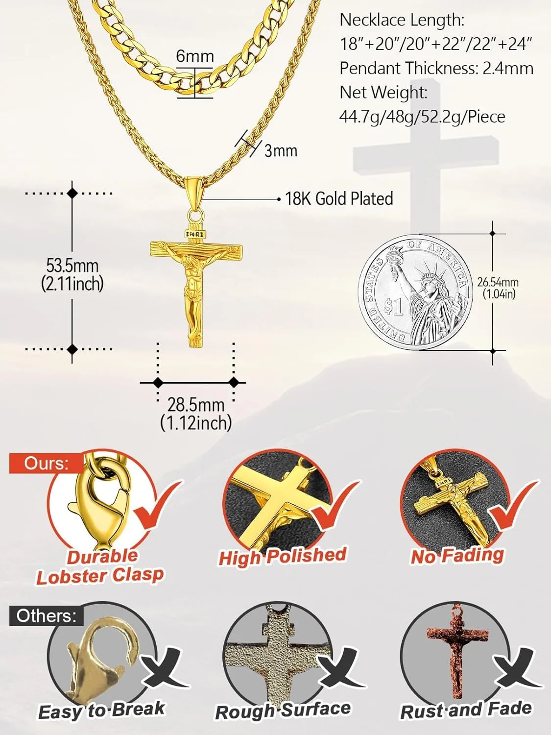 FaithHeart Cross Necklace for Men, Silver/Black/Gold Crucifix Necklace Stainless Steel Pendant with Cuban Chain Jesus Cross Necklaces Religious Gifts for Men