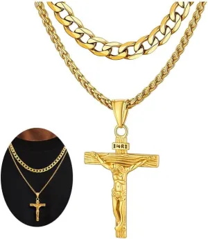 FaithHeart Cross Necklace for Men, Silver/Black/Gold Crucifix Necklace Stainless Steel Pendant with Cuban Chain Jesus Cross Necklaces Religious Gifts for Men