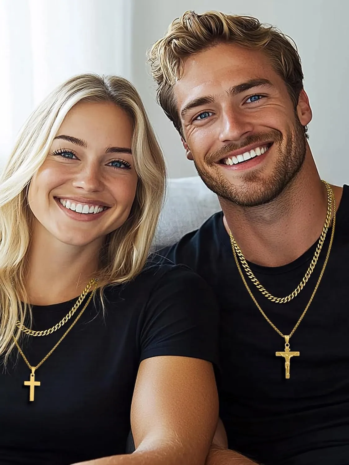 FaithHeart Cross Necklace for Men, Silver/Black/Gold Crucifix Necklace Stainless Steel Pendant with Cuban Chain Jesus Cross Necklaces Religious Gifts for Men