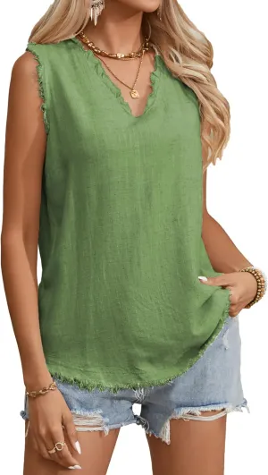Famulily Womens Sleeveless Ruffled V Neck Tops Summer Linen Tank Tops Solid Color Raw Edge Hem Camisoles