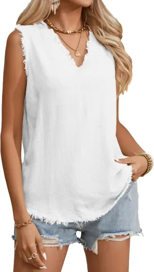 Famulily Womens Sleeveless Ruffled V Neck Tops Summer Linen Tank Tops Solid Color Raw Edge Hem Camisoles