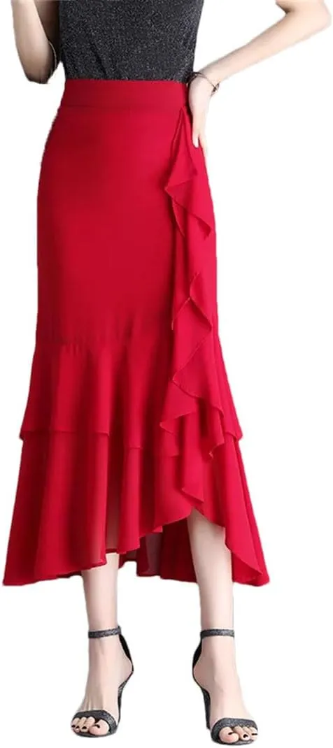 Fashion Irregular Chiffon Skirts Elegant High Waist Summer Women Ruffles Party Long Skirts