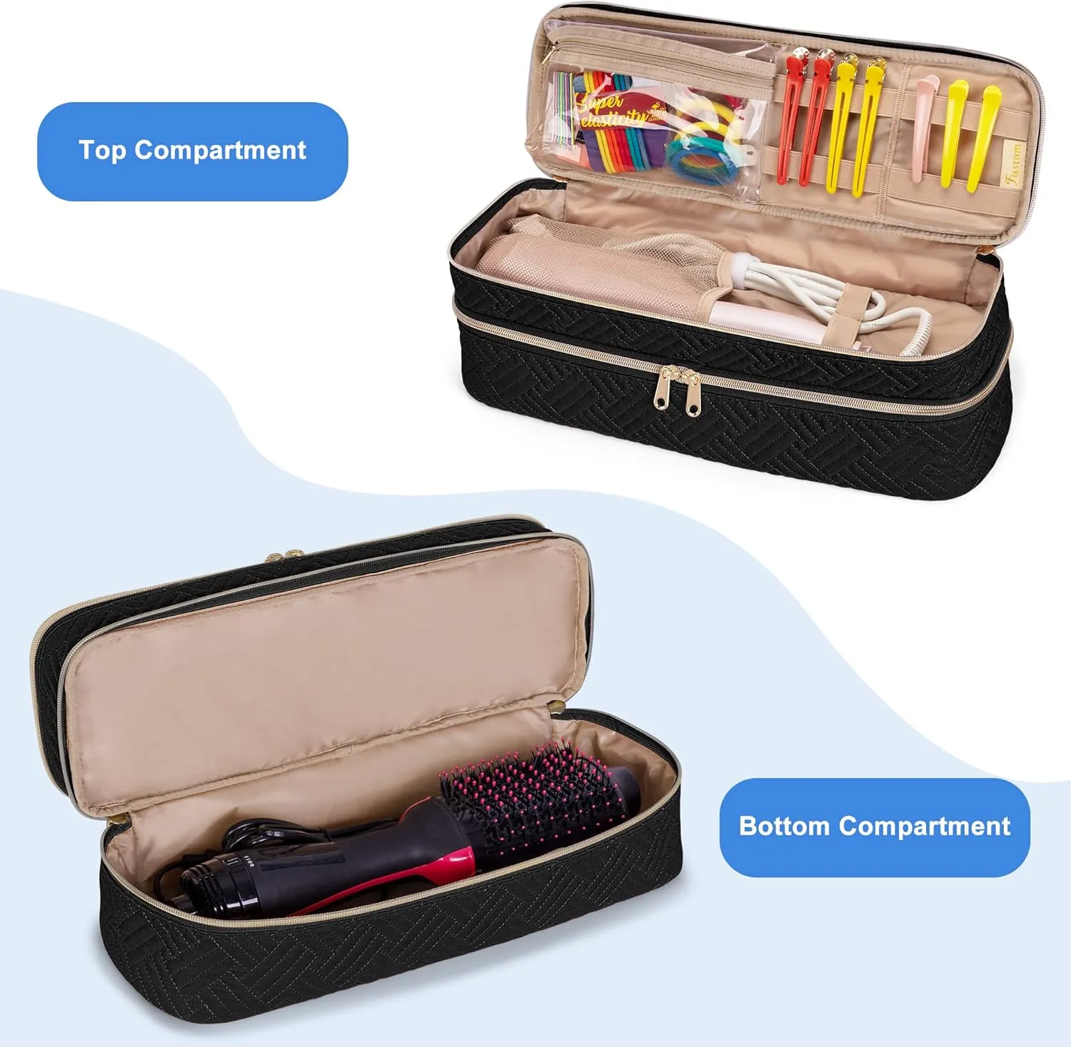 Fasrom Double Layer Travel Case Compatible with REVLON One Step Blow Hair Dryer Brush Volumizer Original 1.0, Plus 2.0 and Styler, Black (Bag Only, Patent Design)