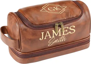 Father's Day Gifts, Personalized Toiletry Bag for Men, Custom Leather Travel Dopp Kit, Waterproof Hygiene Cosmetic Bag, Engraved with Pattern and Text, Gifts for Birthday, Anniversary, Christmas