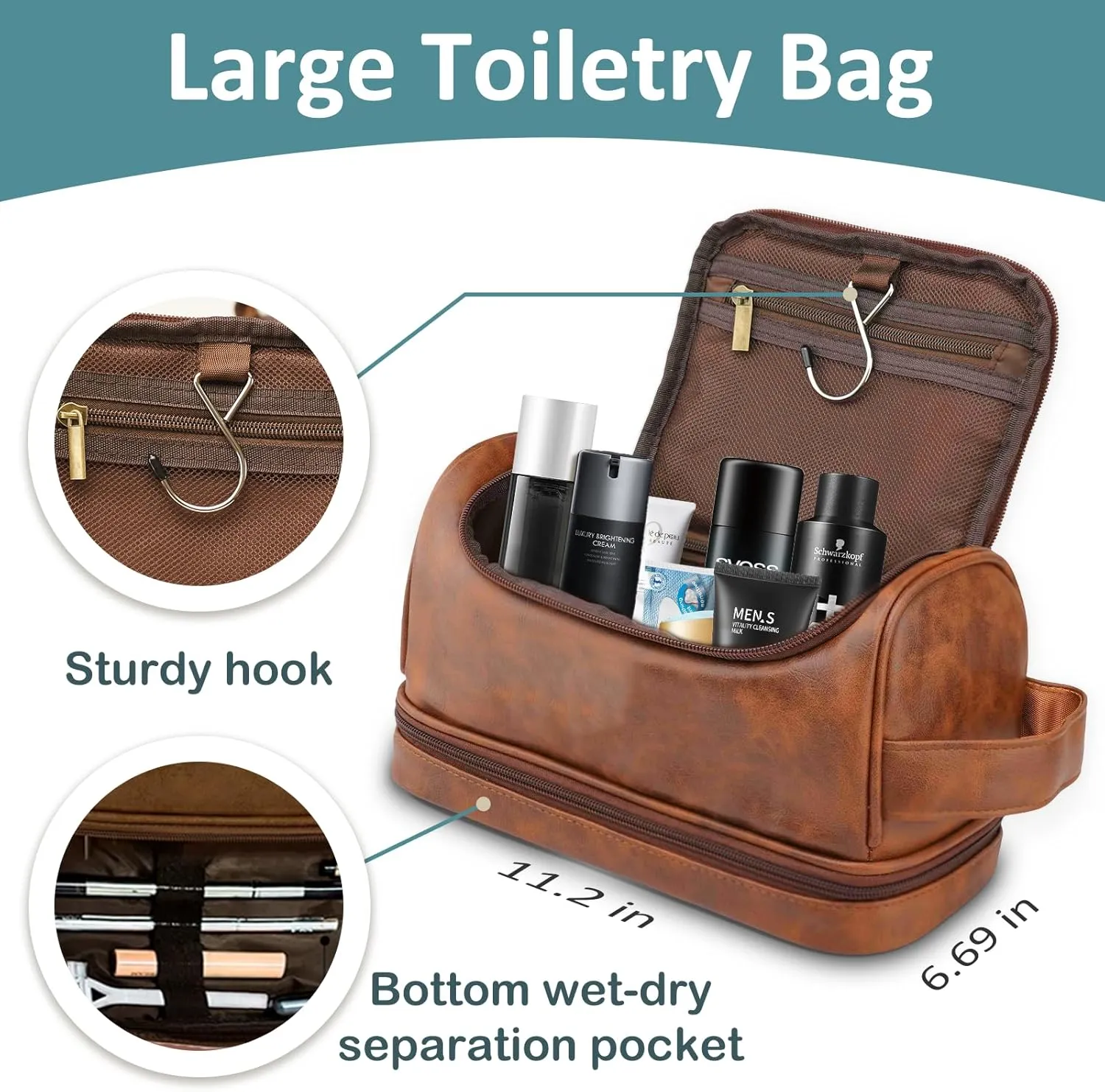 Father's Day Gifts, Personalized Toiletry Bag for Men, Custom Leather Travel Dopp Kit, Waterproof Hygiene Cosmetic Bag, Engraved with Pattern and Text, Gifts for Birthday, Anniversary, Christmas