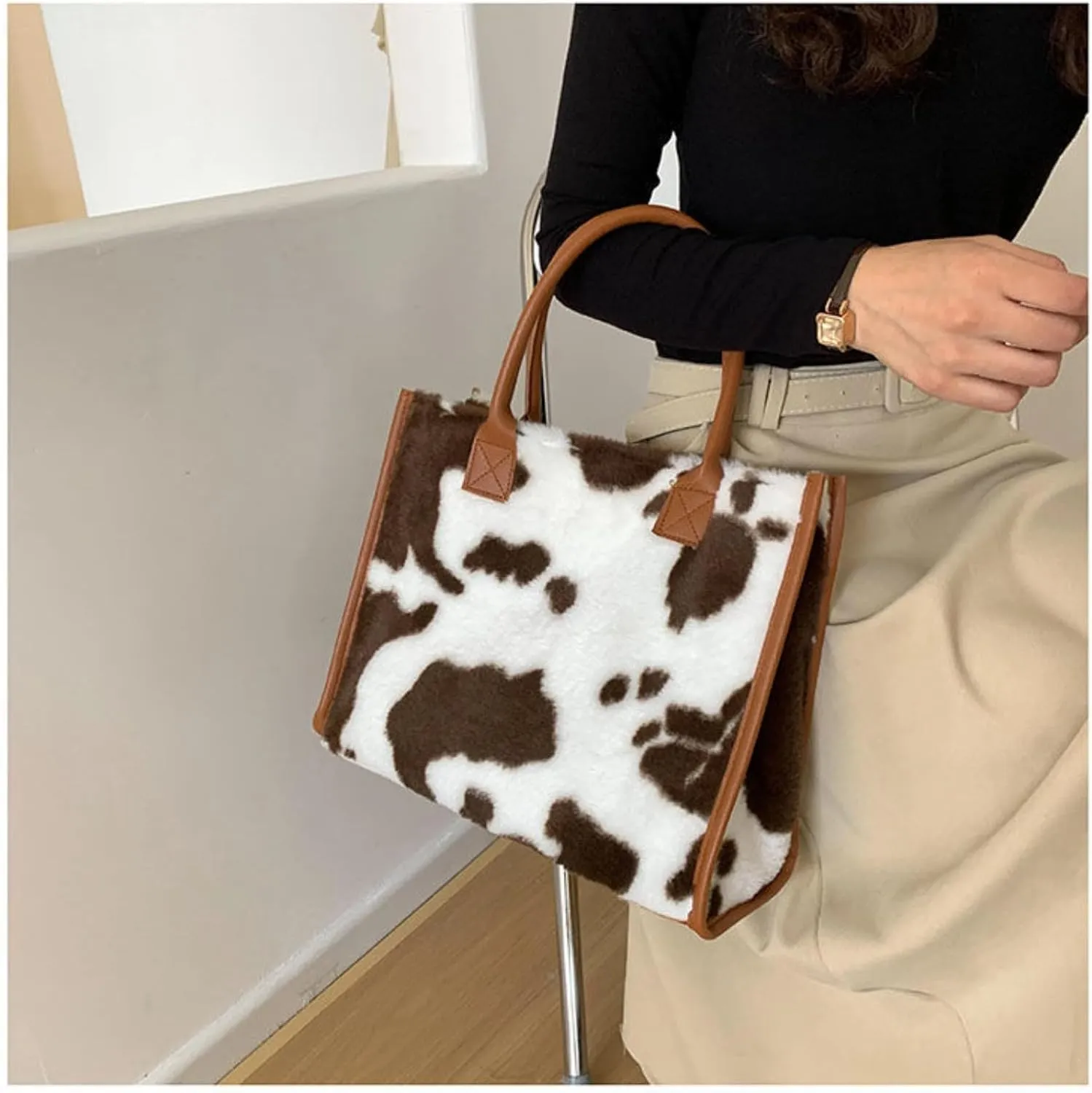 Faux Fur Large Tote Bags for Women Leopard Cow Print Shoulder Bags Purse Y2k Plush Handbags 2000s Streetwear