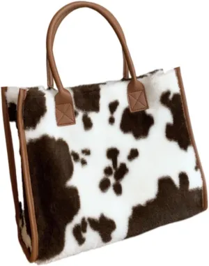 Faux Fur Large Tote Bags for Women Leopard Cow Print Shoulder Bags Purse Y2k Plush Handbags 2000s Streetwear