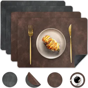 Faux Leather Placemats and Coasters, Washable Reversible Placemats Set of 4 Cowhide Pattern Place Mats Waterproof Non-Slip Kitchen Dining Table Mats Drink Coasters (Gray Dark Coffee, 4)