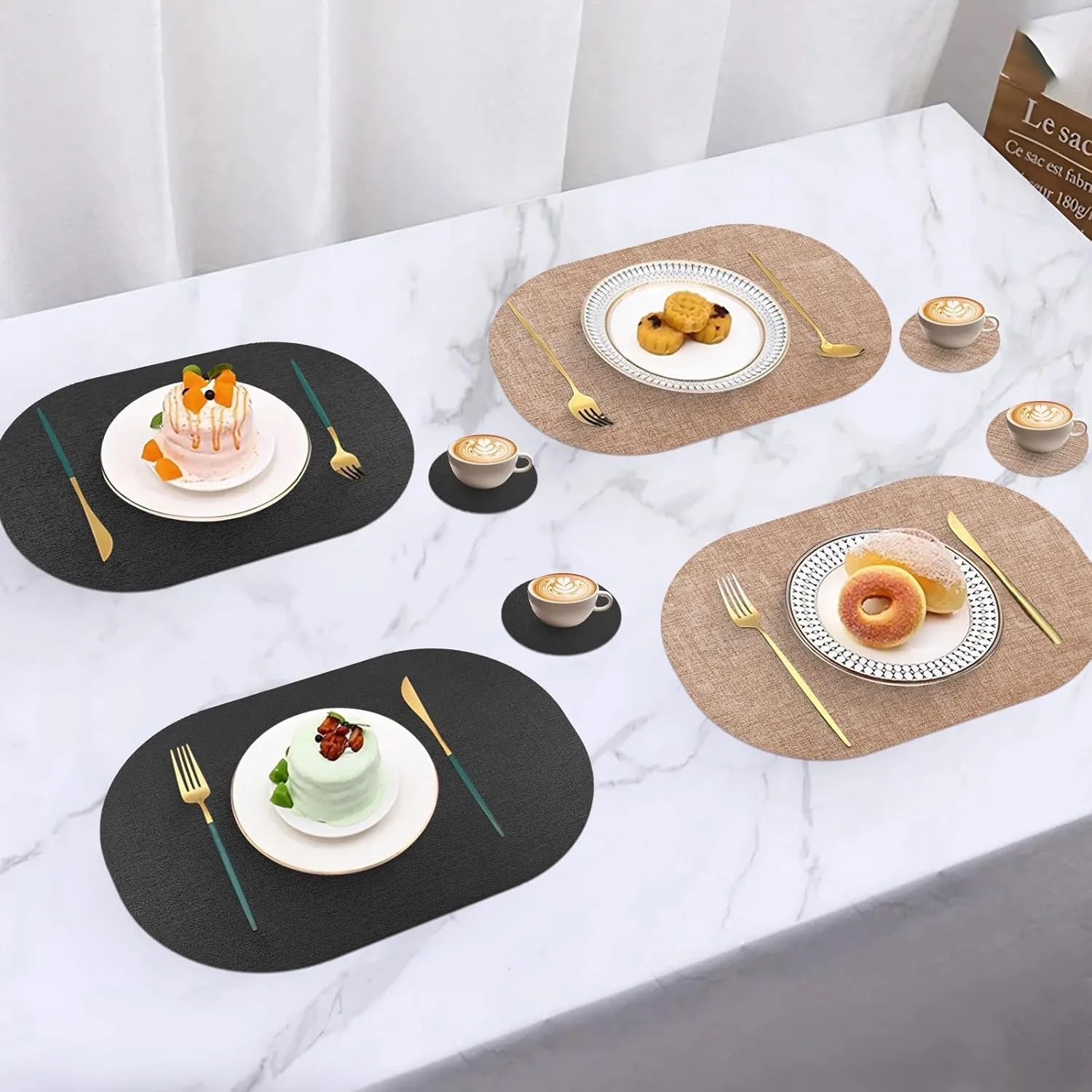 Faux Leather Placemats Set of 6 with Matching Coasters, Dual Sided Oval Placemats, Waterproof Wipeable Heat Resistant Place Mats, Non-Slip PU Table Placemats for Dining Table Kitchen Parties